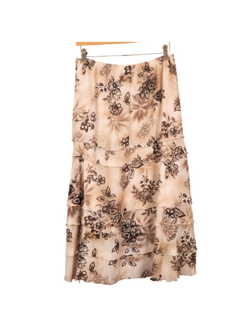 Floral Tiered Maxi Skirt 8 Womens Beige Brown Long Glitter Beaded Elastic Boho - Picture 5 of 6